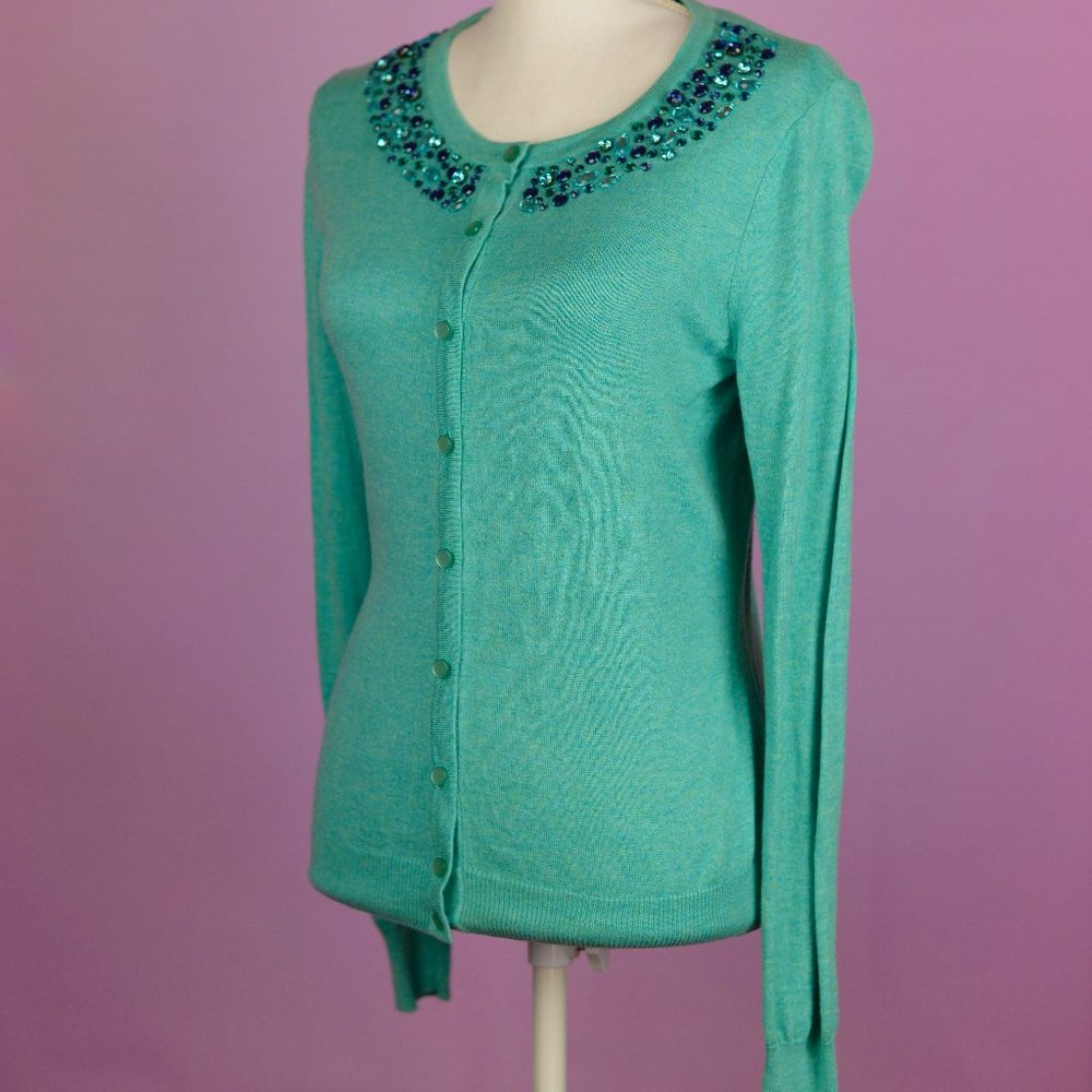 Turquoise cardigan with sequined collar - Picture 3 of 8